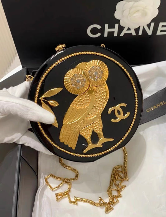 Chanel Minaudière Limited Edition Black Plexiglass  Gold Owl Gold-Tone Hardware