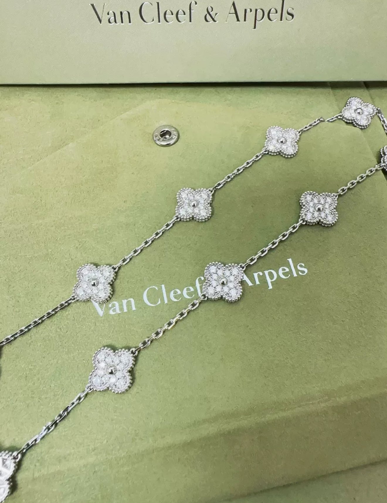 Van Cleef  Arpels 18k White Gold Diamond Set Vintage Alhambra Necklace