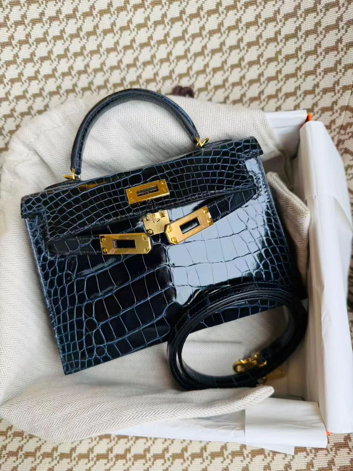 Hermes Mini Kelly 20 Blue Marine Shiny Alligator Gold hardware