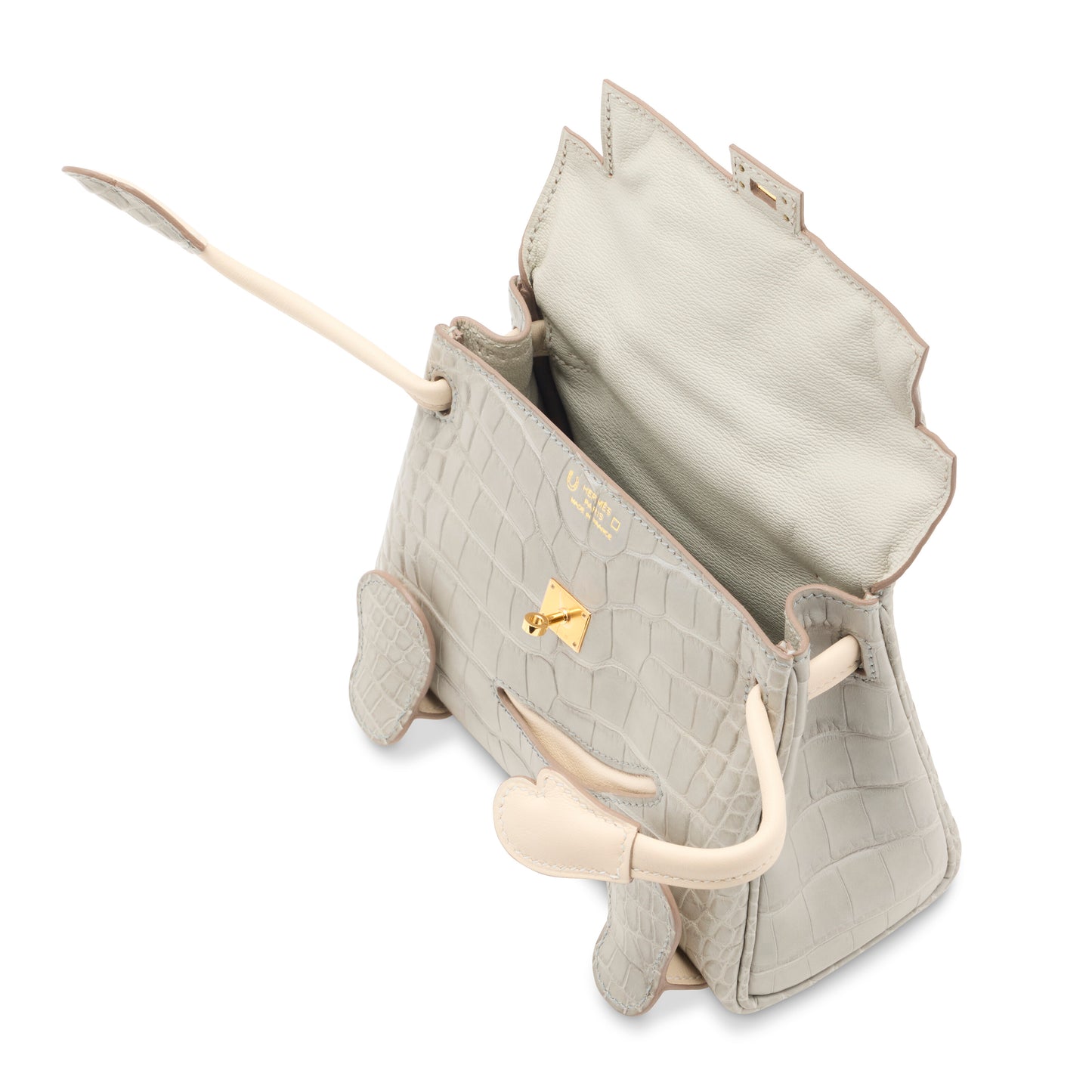 Hermes Kelly Doll Quelle Idole Gris Perle Matte Alligator  Craie Swift Leather with Gold Hardware