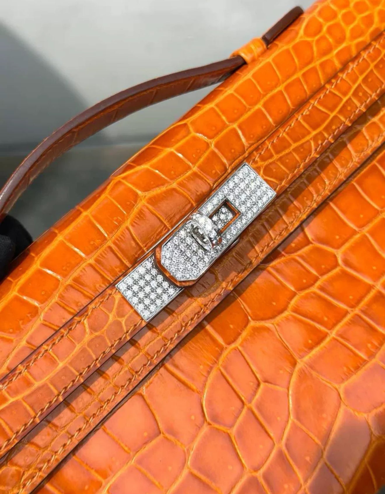 Hermes Kelly Cut Orange Crocodile Leather White Gold Diamond Hardware