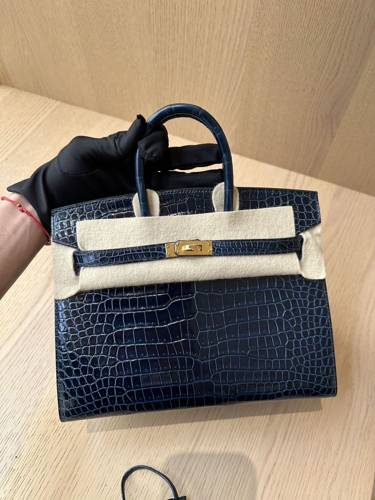 Hermes Birkin 25 Sellier Bleu Baltique Shiny Porosus Gold hardware