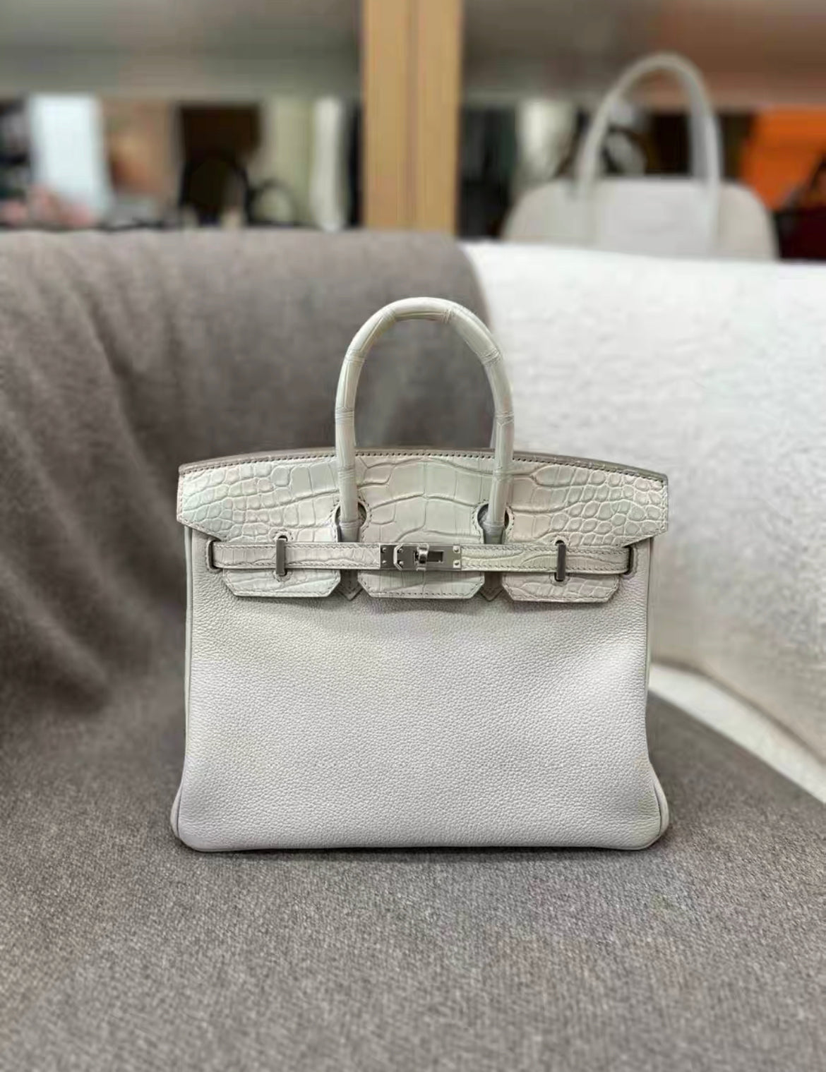 HERMÈS Birkin 25 Touch Beton (8L) Togo Matte Alligator Palladium hardware