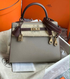 Hermès kelly 25 Gris Asphalte /Bordeaux Epsom Permabrass hardware