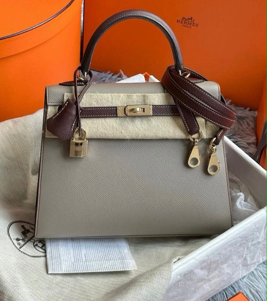 Hermès kelly 25 Gris Asphalte /Bordeaux Epsom Permabrass hardware