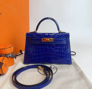 Hermès Mini Kelly Electric Blue Shiny Alligator Leather Gold Hardware