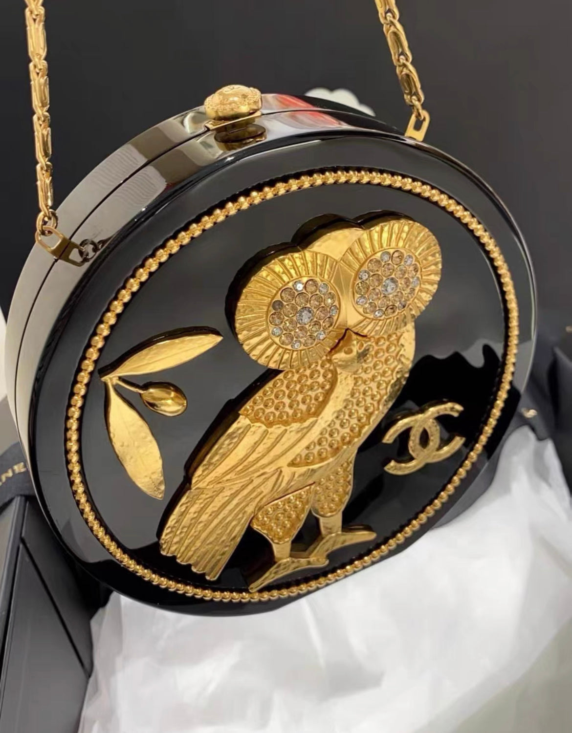 Chanel Minaudière Limited Edition Black Plexiglass Gold Owl Gold-Tone Hardware