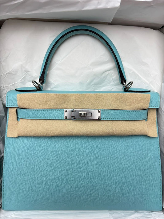 Hermes Kelly 28 Bleu Atoll Epsom Palladium hardware