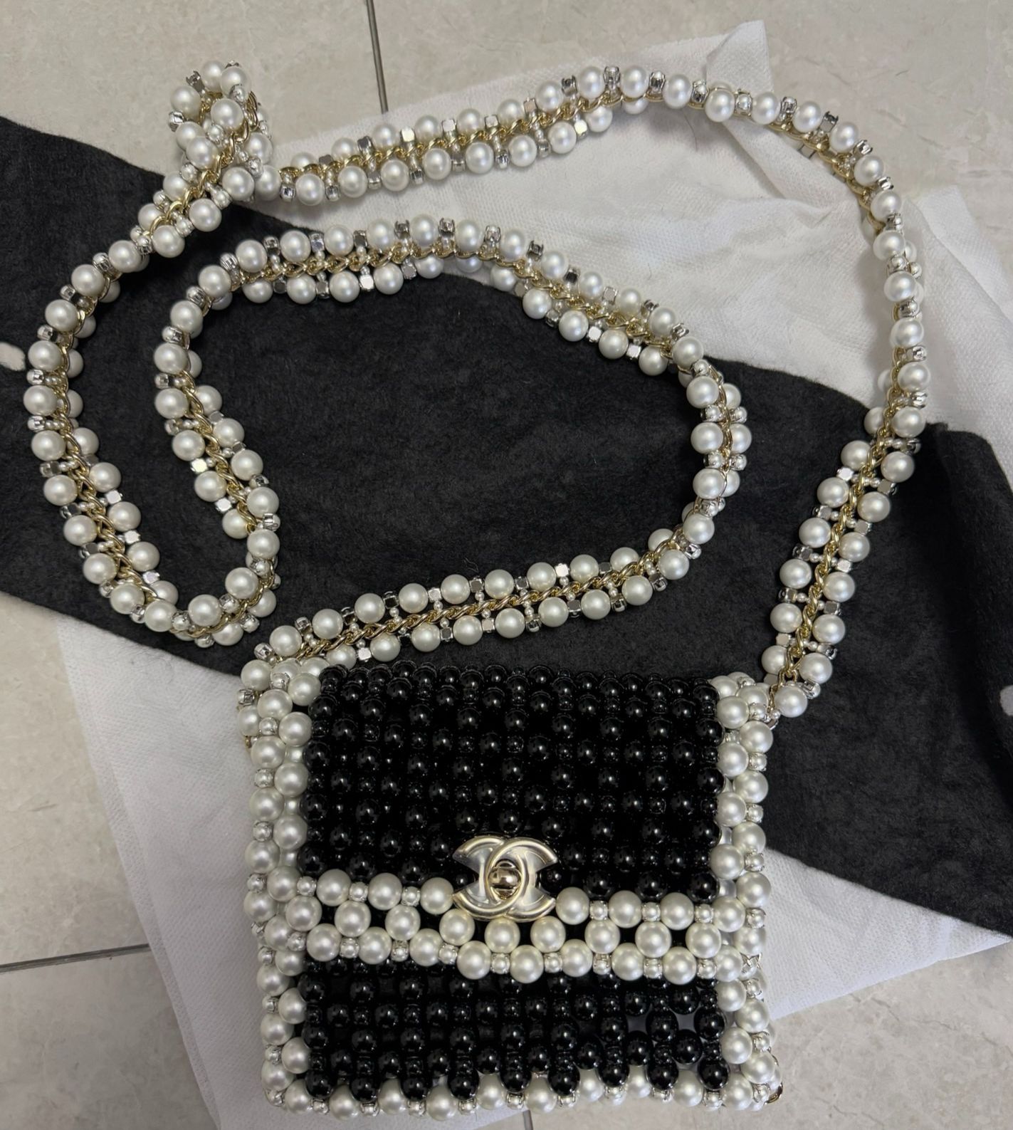Rare CHANEL 2022 SS BLACK  WHITE FAUX PEARLS LARGE FLAP EVENING BAG WITH GOLD HARDWARE