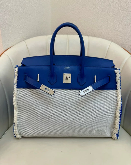 Hermès Birkin Fray Fray 35 Ecru Toile Bleu Saphir Swift Palladium Hardware