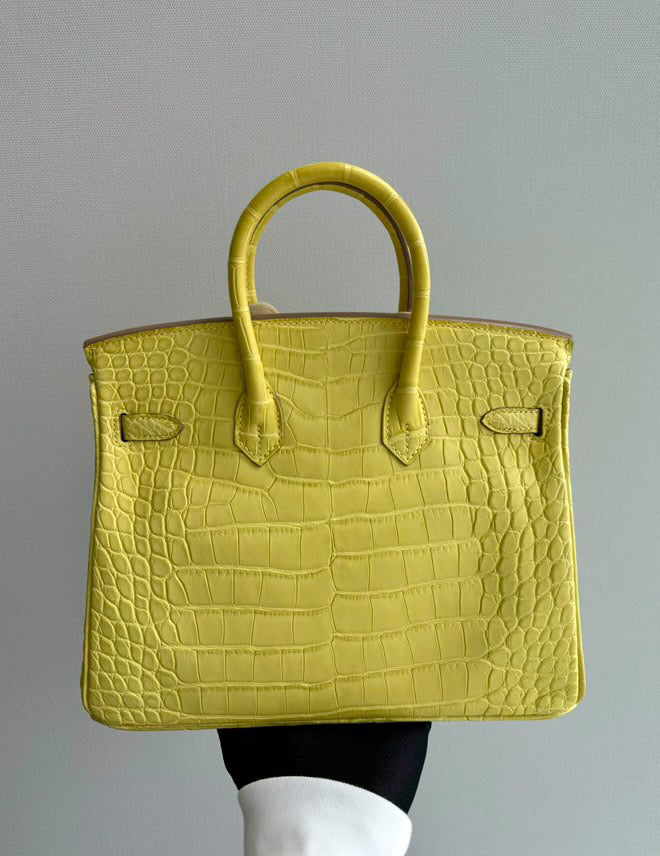 Hermes Birkin 25 Lime Yellow Matte Crocodile Palladium Hardware Handbag