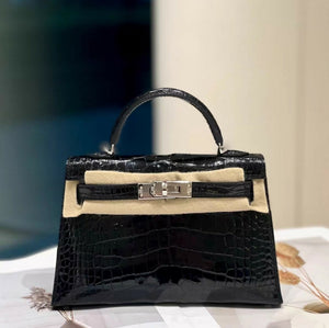 Hermès Mini Kelly Black Shiny Crocodile Palladium Hardware