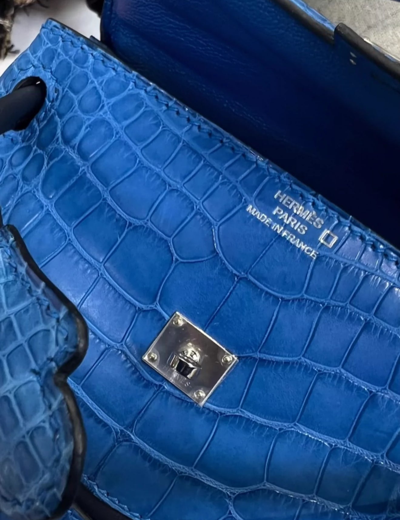 Hermes Kelly Doll Bleu Electric Matte Alligator  Black Swift Leather Palladium Hardware
