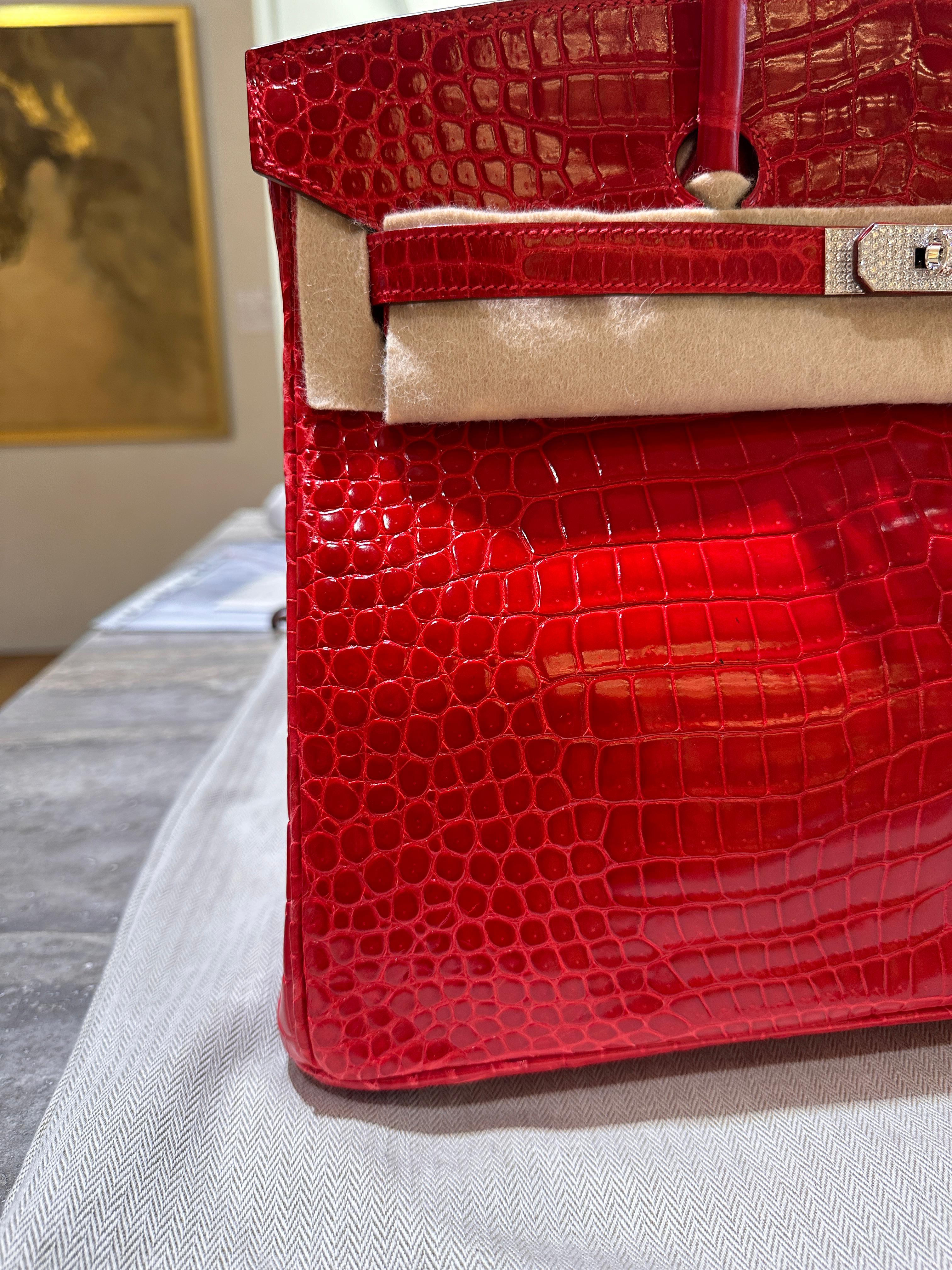 Hermès Birkin 35 Rouge Braise Shiny Porosus Crocodile – 18K White Gold & Diamond Hardware