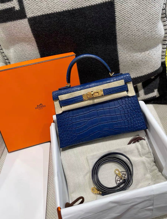 Hermès Mini Kelly 20 Blue Sapphire Blue Crocodile Matte Gold Hardware