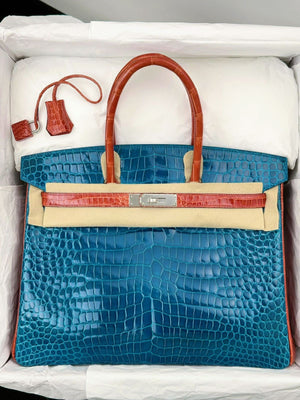 Hermes Birkin 30 HSS Bleu Izmir / Orange Poppy Shiny Porosus Palladium hardware