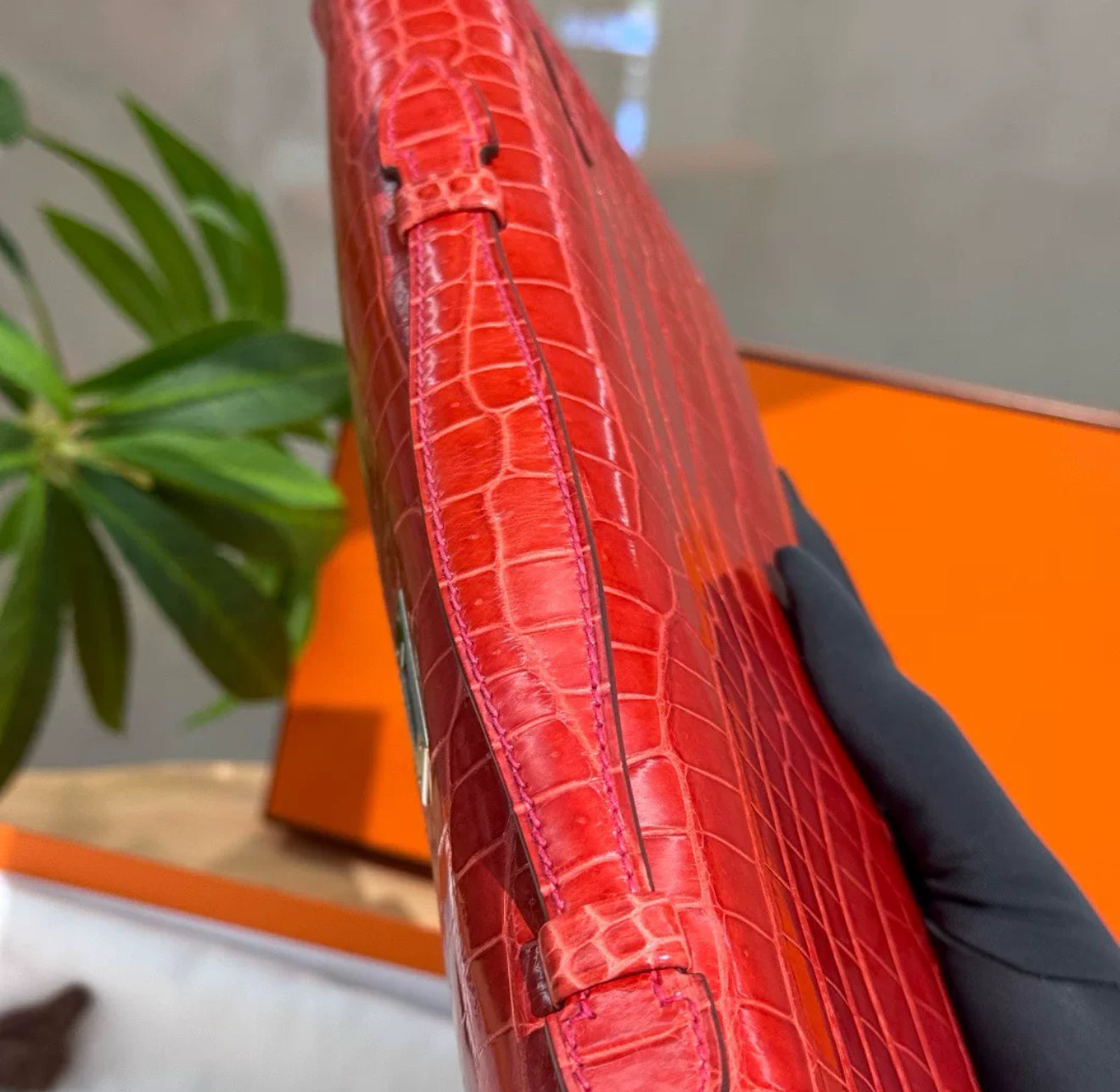 Hermes Kelly cut red shiny crocodile leather palladium hardware