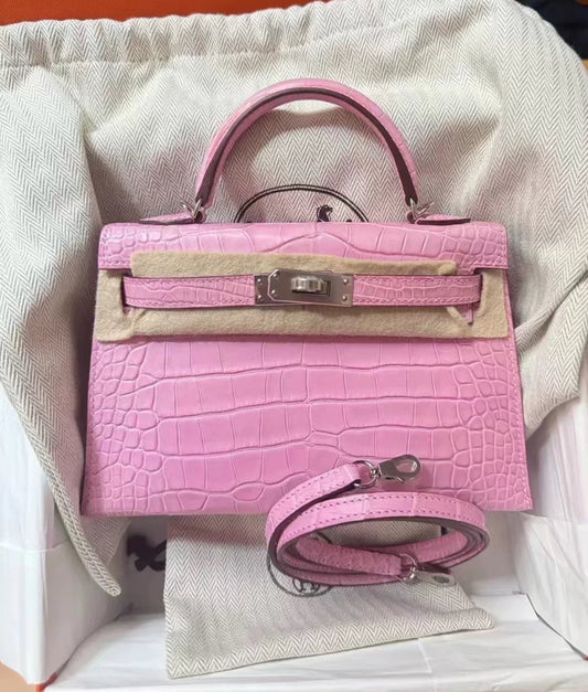 Hermes Mini Kelly 5P Bubblegum Pink Matte Alligator Palladium Hardware