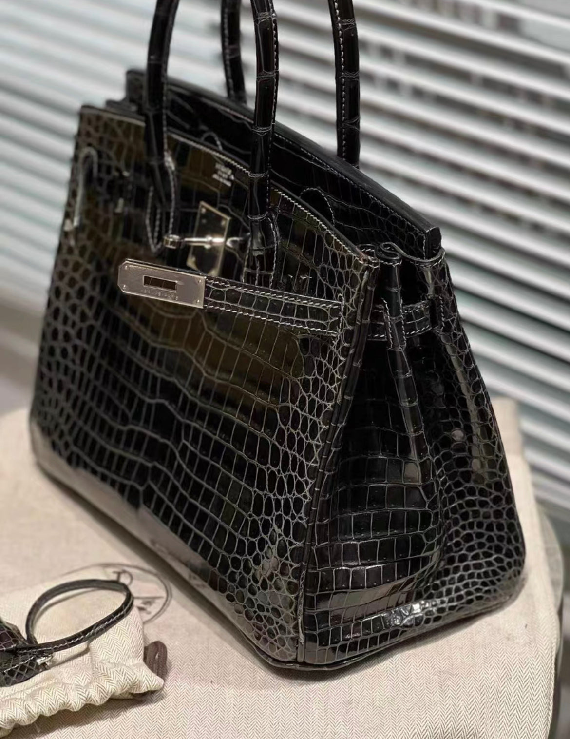 Hermès Birkin 30 Black Matte Crocodile with white stitching and Palladium Hardware