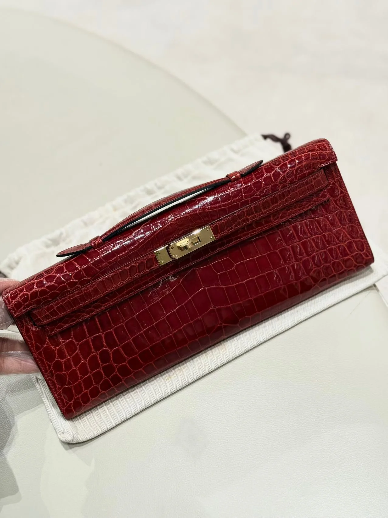 Hermes Kelly cut Rouge Braise shiny crocodile leather palladium hardware