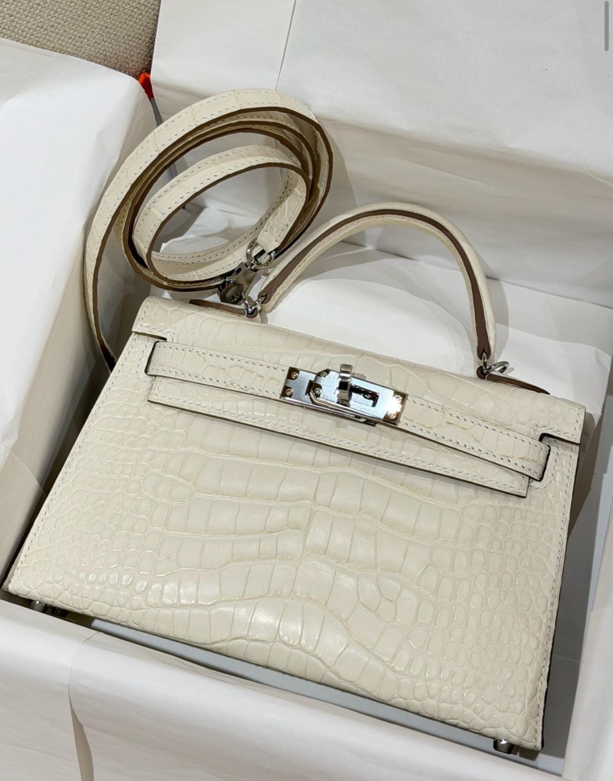 Hermes Mini Kelly 20 Nata Matte Alligator Palladium hardware