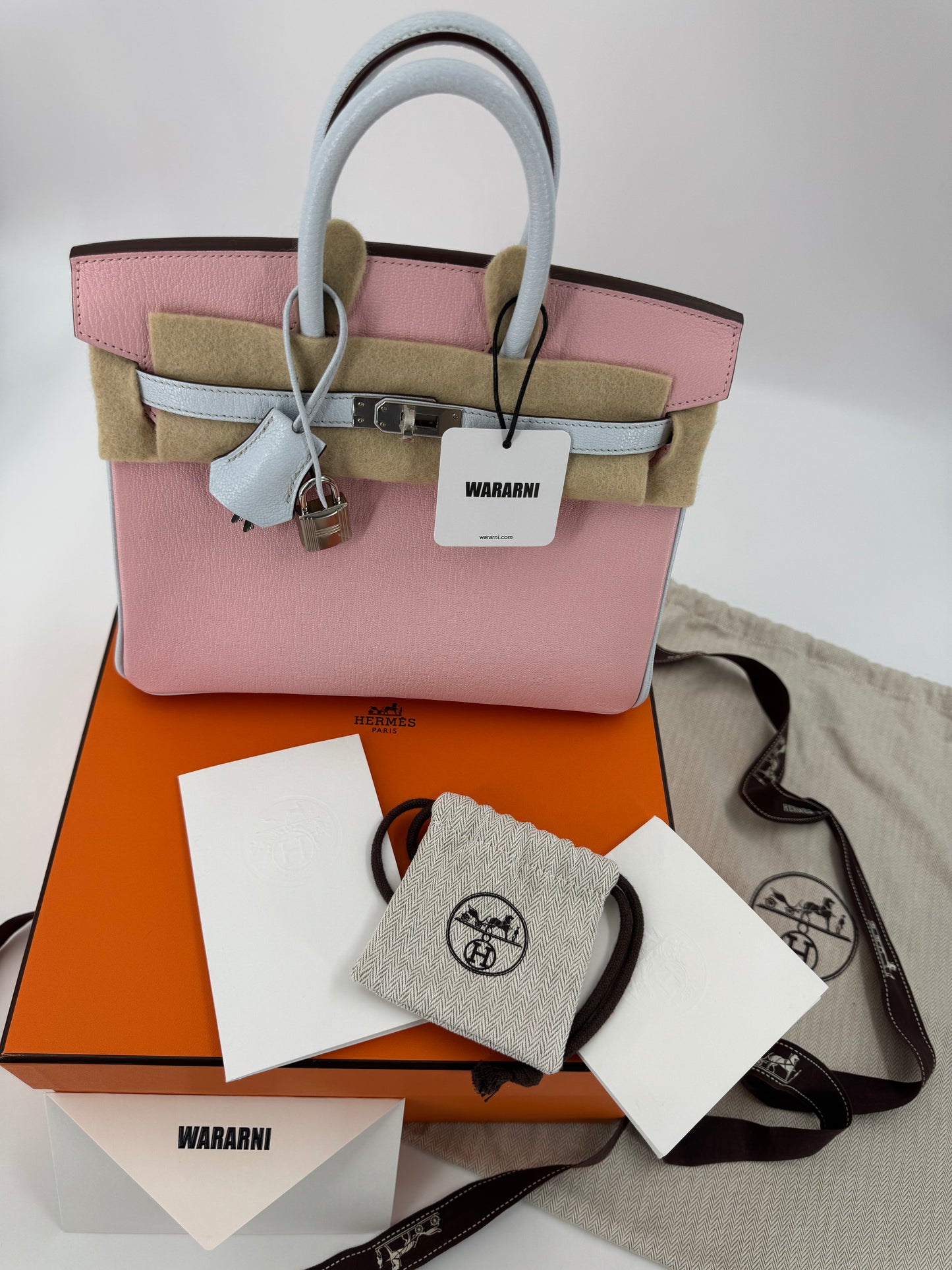 Hermès Birkin 25 3Q rose sakura pink  T0 Blue Brume Goatskin leather Brushed Palladium Hardware