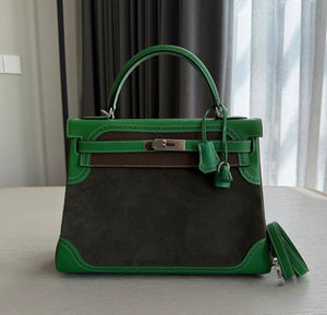 Hermès Kelly 32 Ghilles Vert de Gris Grizzly Taupe Clemence Bamboo evercolor Palladium hardware