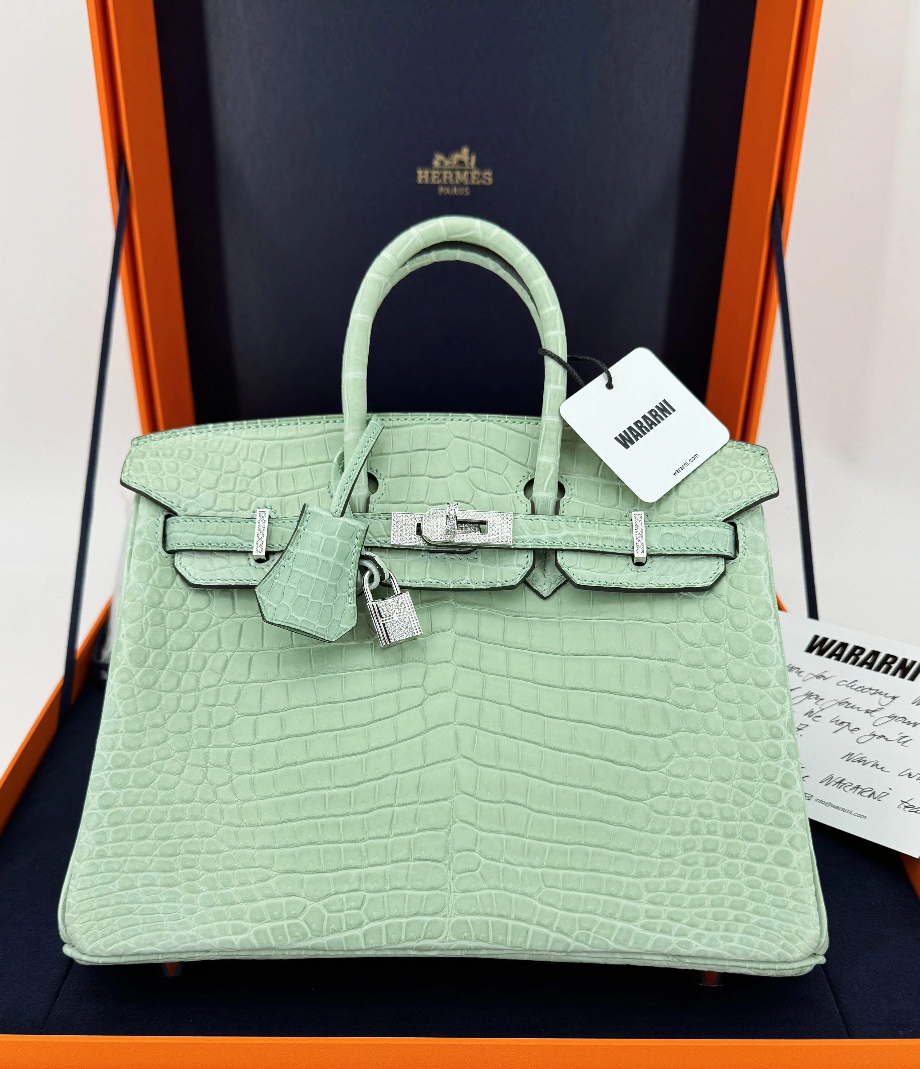 Hermès Birkin 25 Shiny Gris Neve Crocodile with 18K White Gold & Diamond Hardware