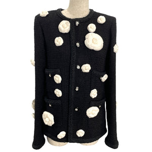 Rare Chanel 23K black tweed with white camellia flowers