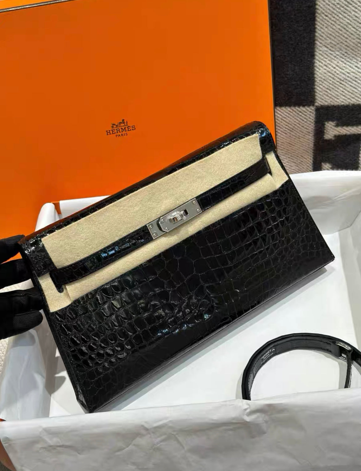 HERMES KELLY ELAN BLACK POROSUS CROCODILE SHOULDER BAG Brand New Stamp W