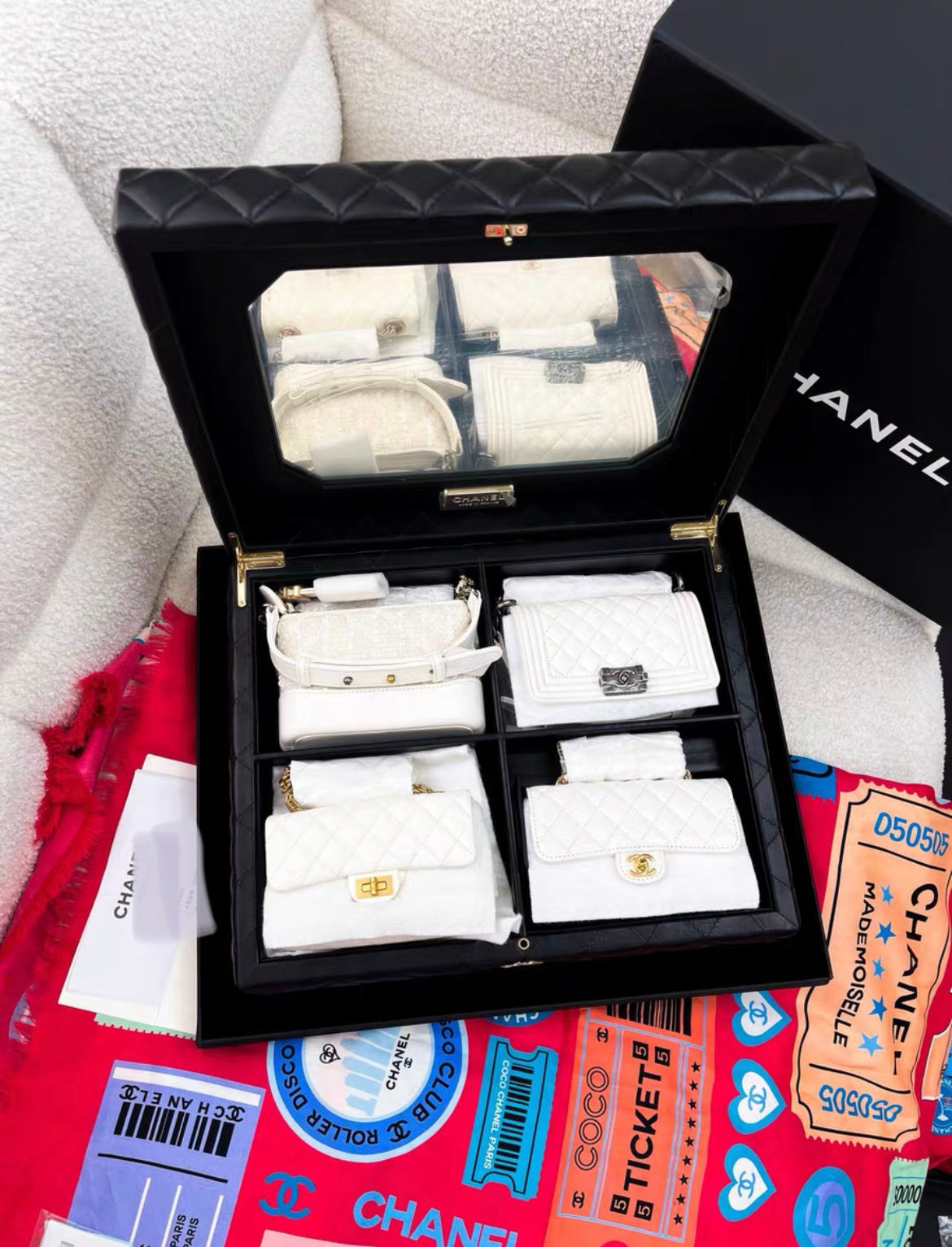 Limited Edition Chanel Set Of 4 white Mini Bags with Quilted Trunk
