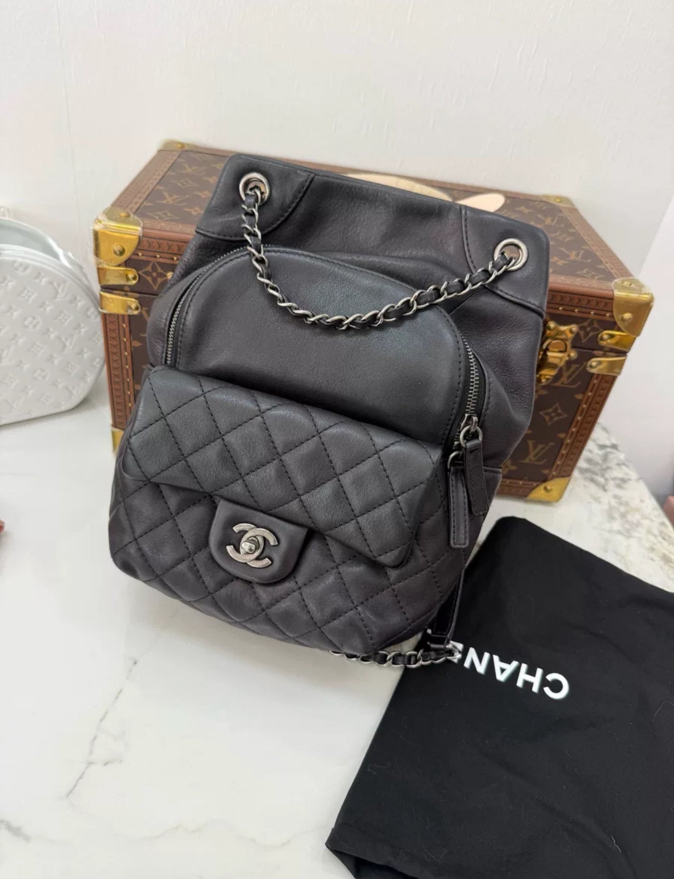 Chanel Vintage black leather Silver hardware backpack