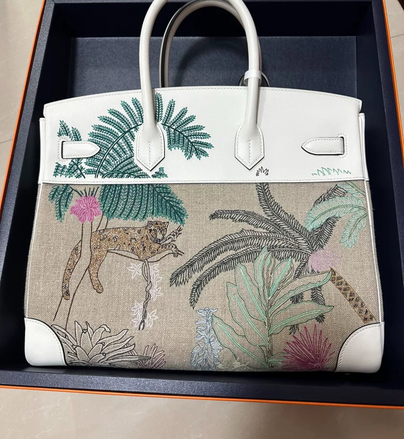 Hermès Limited Edition Birkin 35 White Swift and Multicolor Canvas Embroidery Faubourg Tropical Palladium Hardware