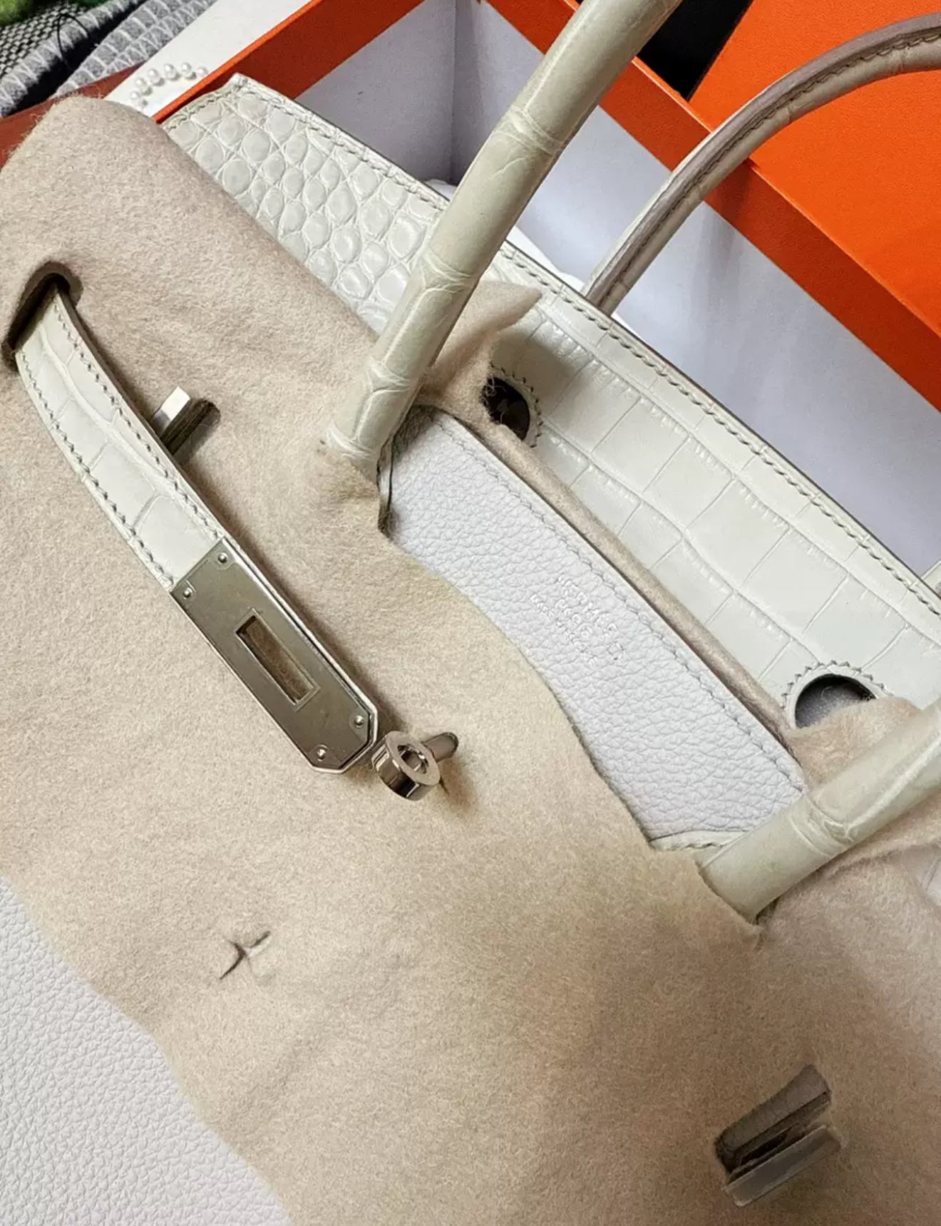 Hermes Birkin Touch 30 Beton Togo leather/Matt alligator crocodile leather Palladium hardware