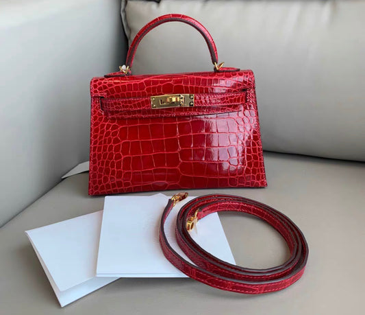 Hermès Mini Kelly Braise Shiny Crocodile Gold Hardware