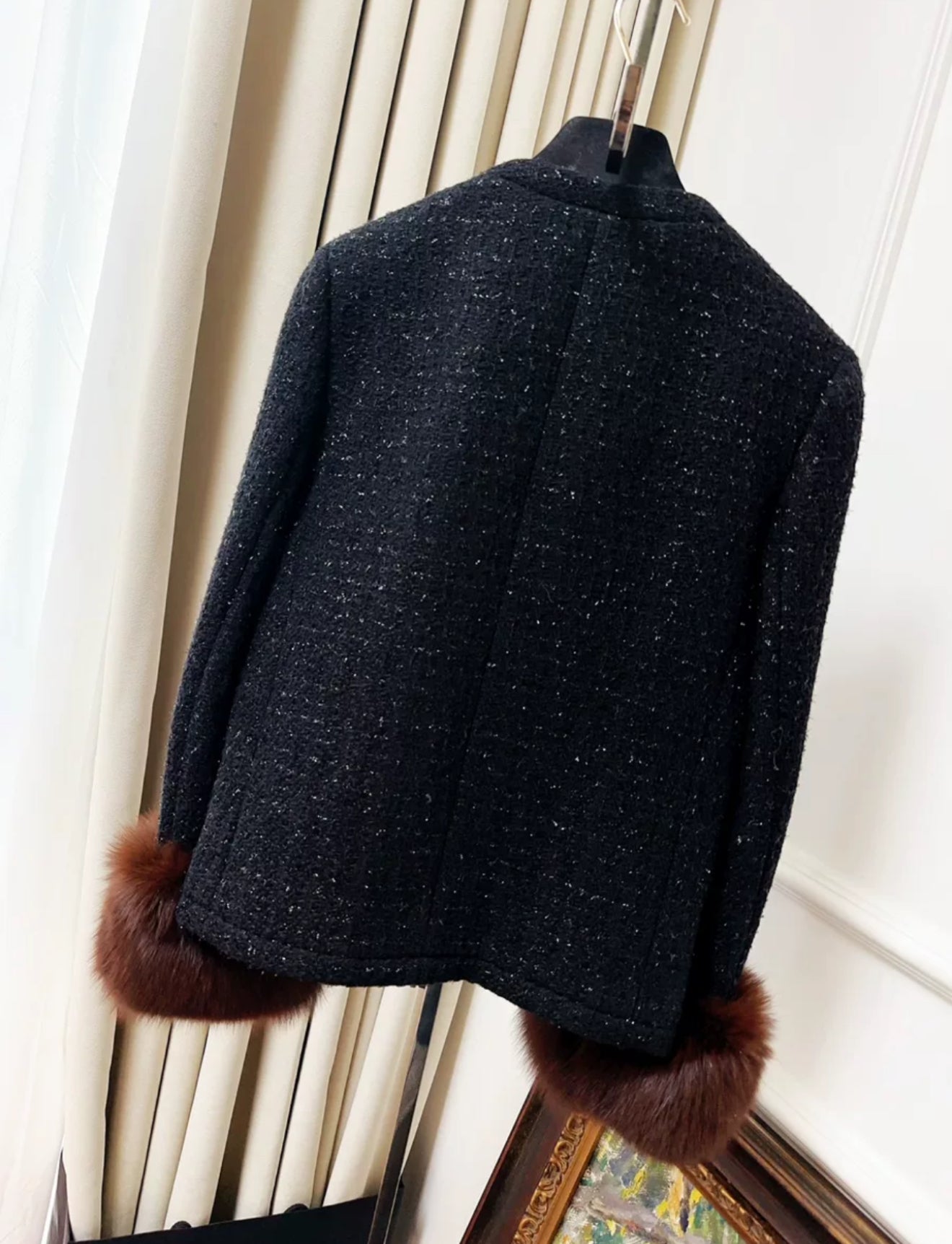 Saint Laurent Black Tweed  Fur Jacket