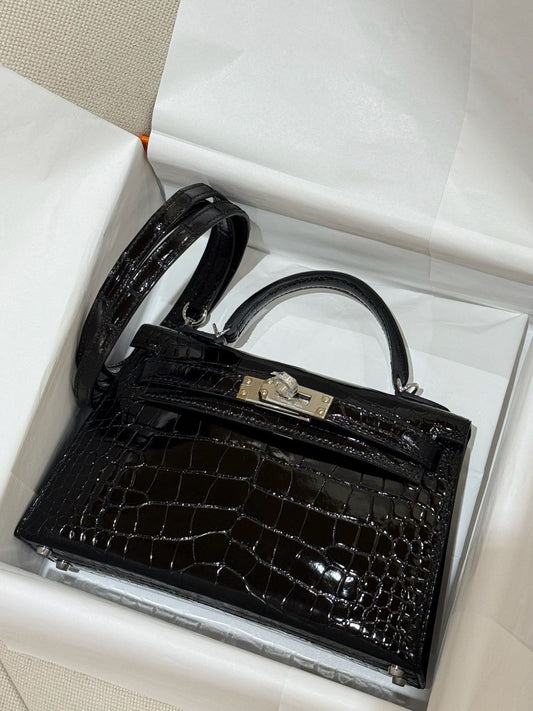 Hermes Mini Kelly Black Shiny Alligator Palladium Hardware