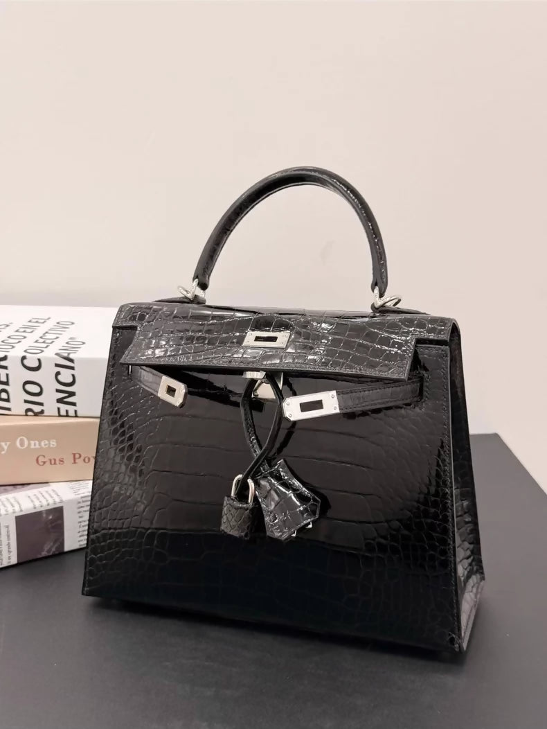 Hermès Kelly 25 black shiny crocodile leather palladium hardware