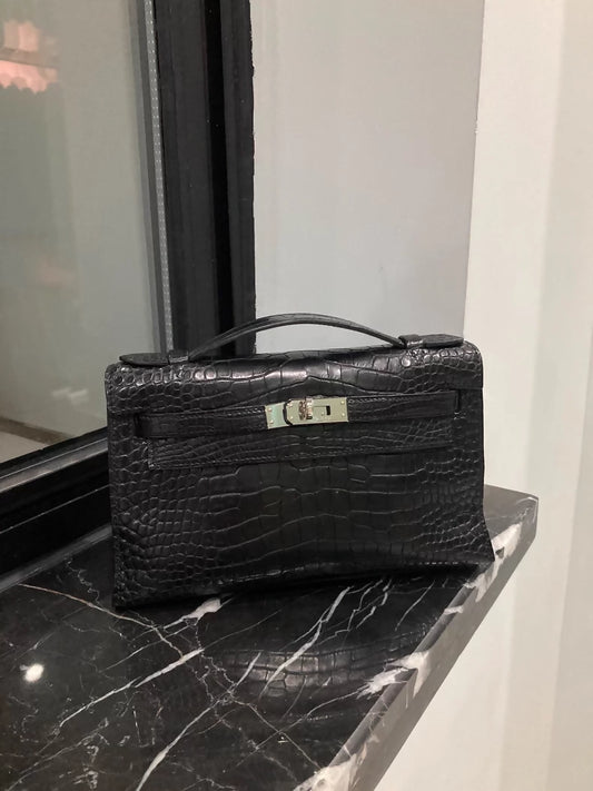vintage Hermes kelly pochette Black Matte Alligator palladium hardwrae