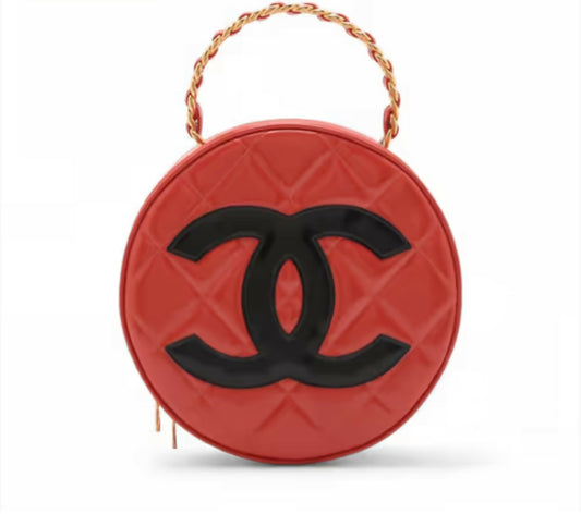 Chanel Vintage Coco Mark Patent Leather Red Round Red Vanity Handbag with Gold Hardware