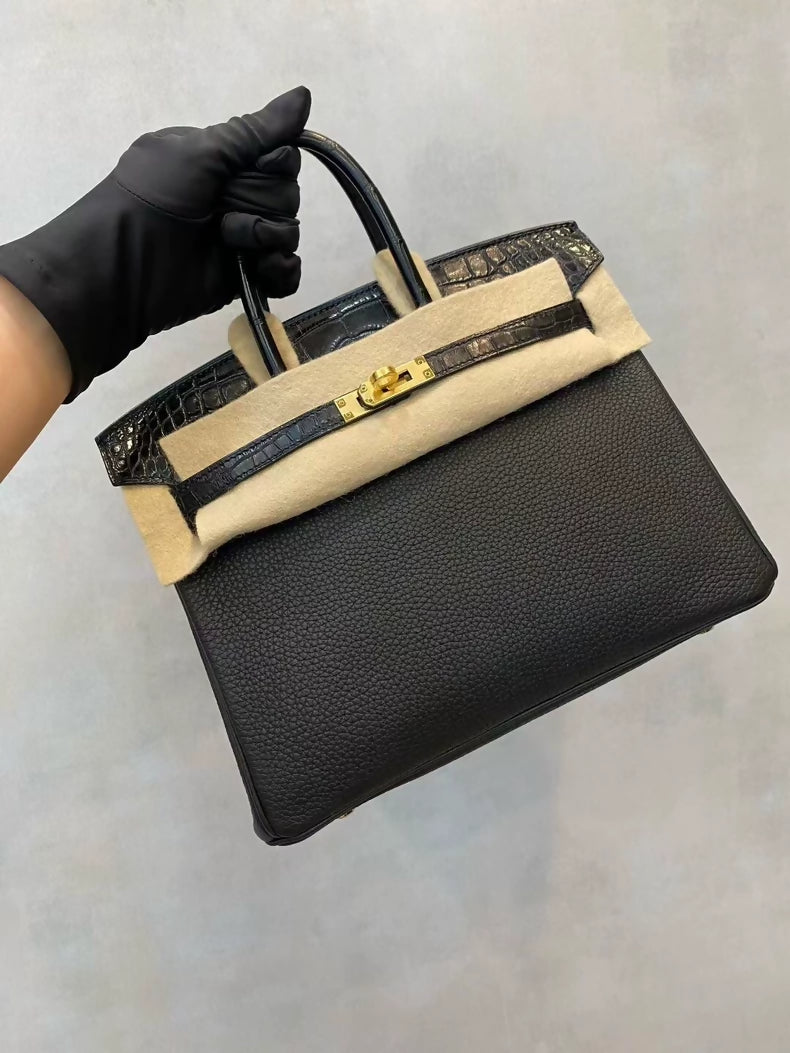 Hermes Birkin touch 25 Black Togo Matte Alligator Leather with gold hardware