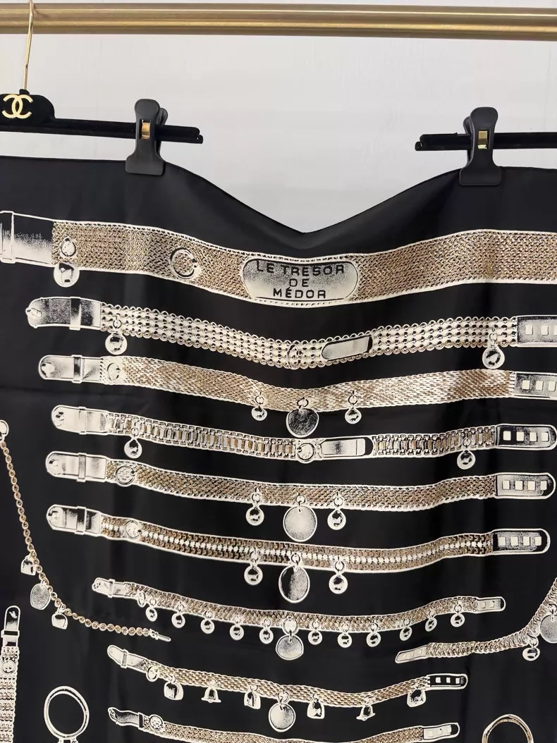 Limited edition Hermes scarf, 90×90cm, hand-embroidered with beading and sequins, silver chain embroidery design