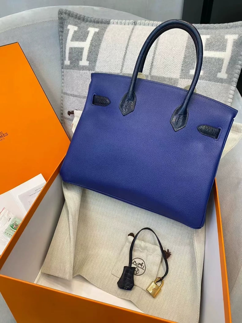 Hermes Birkin touch 30 in blue togo  matte crocodile leather gold hardware