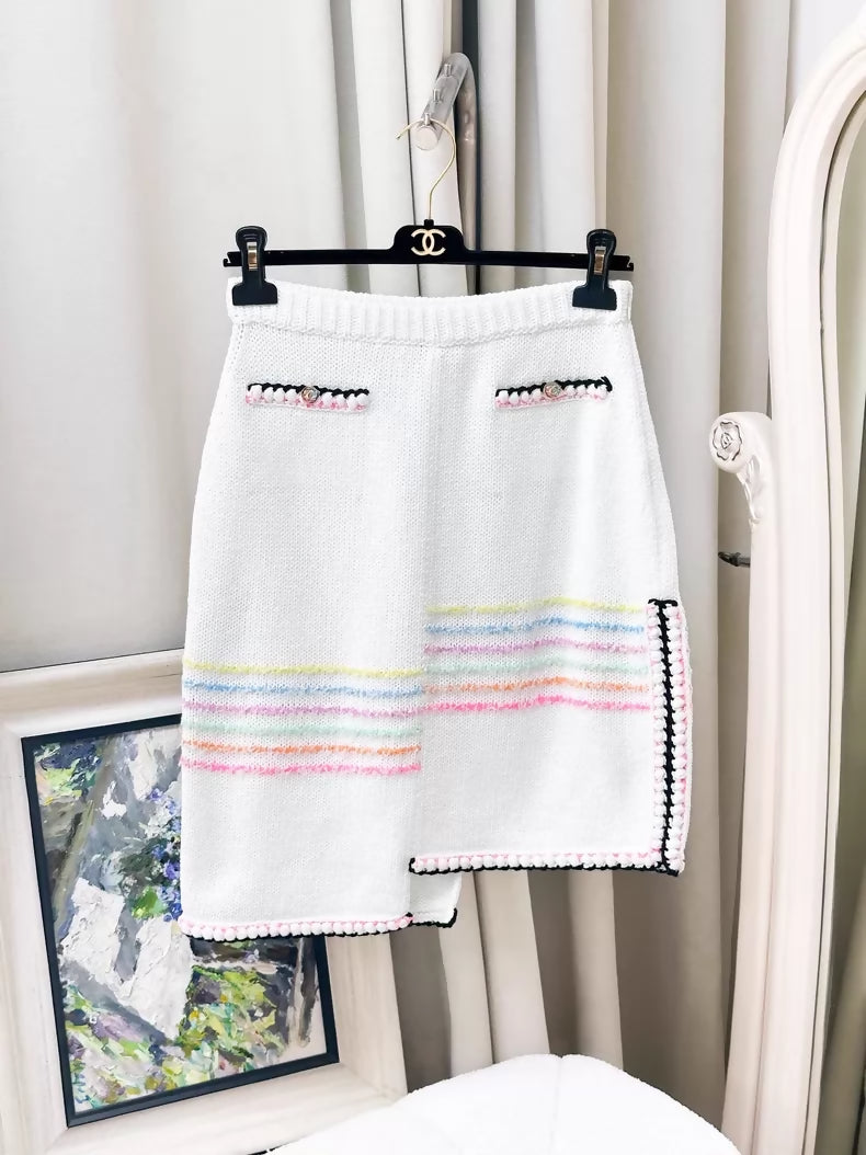 Chanel 24S Rainbow Striped Irregular White Knit Top and Skirt