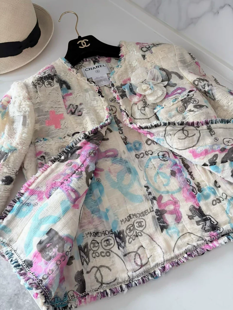 Chanel 2007 silk graffiti cardigan with brooch