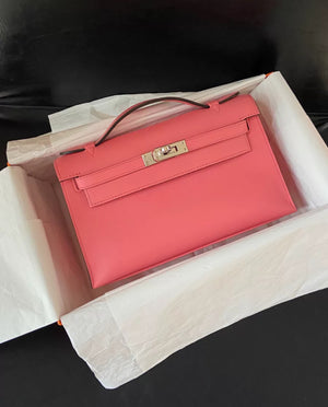 Hermès Kelly Pochette Rose Azalee Swift Leather Palladium Hardware