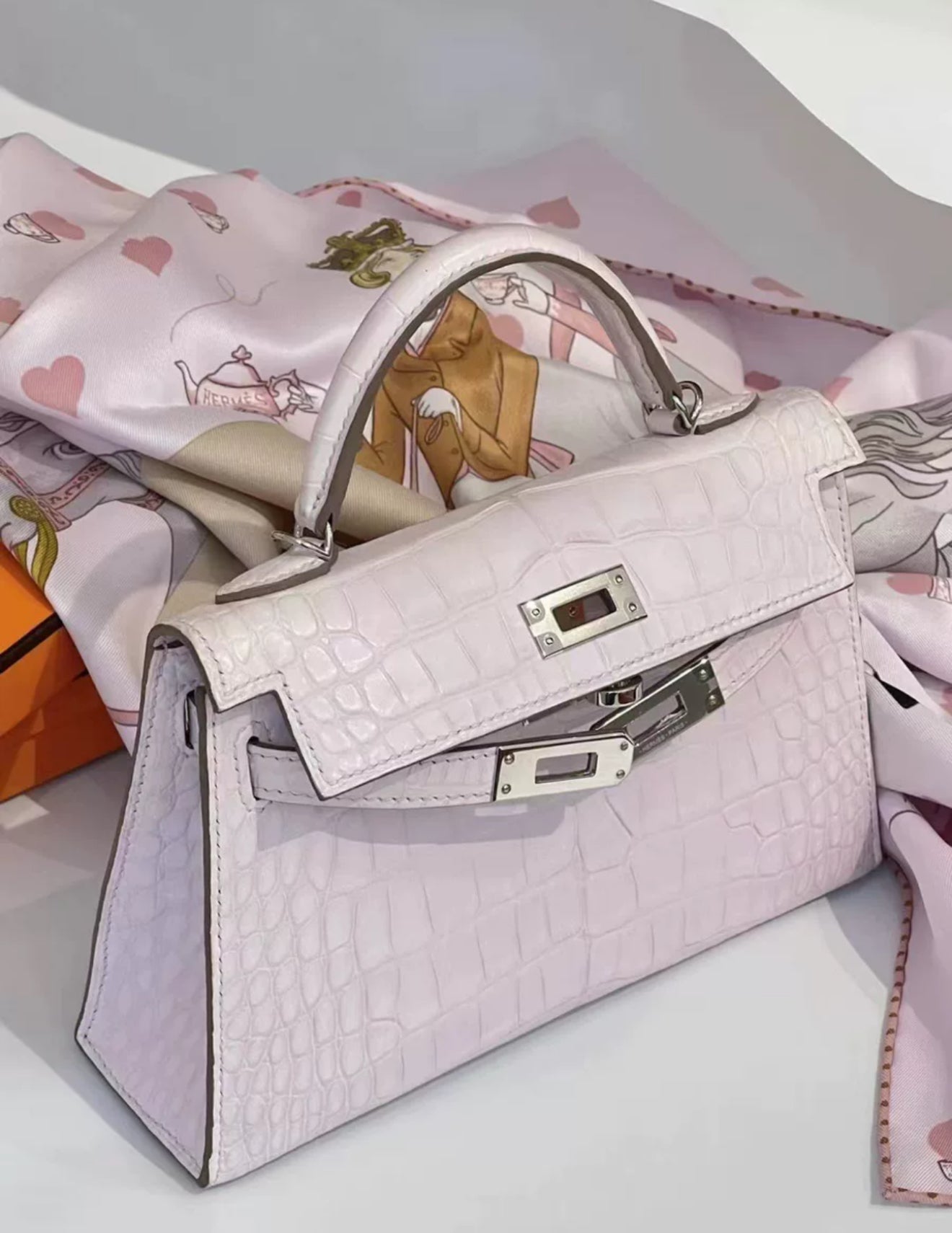 Hermès Kelly 20 Sellier Mini Mauve Pale Matte Alligator Palladium Hardware