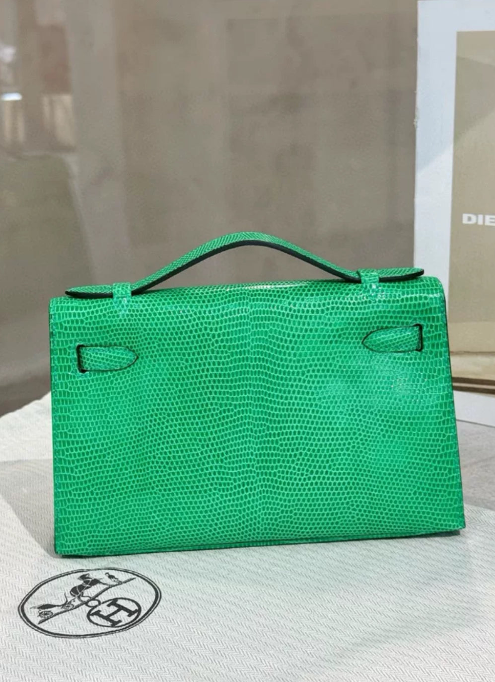 Hermès Kelly Pochette  Vert Jade Lizard Gold Hardware