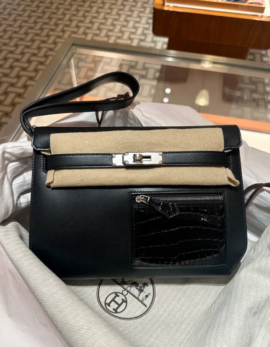 HERMES KELLY DEPECHES 25 TOUCH SWIFT / CROCODILE LISSE PALLADIUM HARDWARE