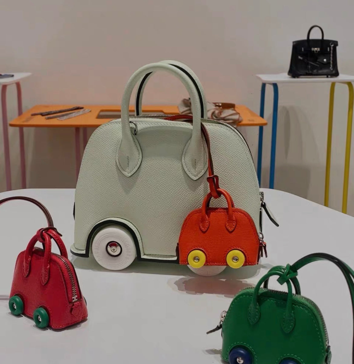 Hermes Bolide on Wheels Charm Rose extreme/Vert vertigo Chevre chamkila goatskin Silver hardware